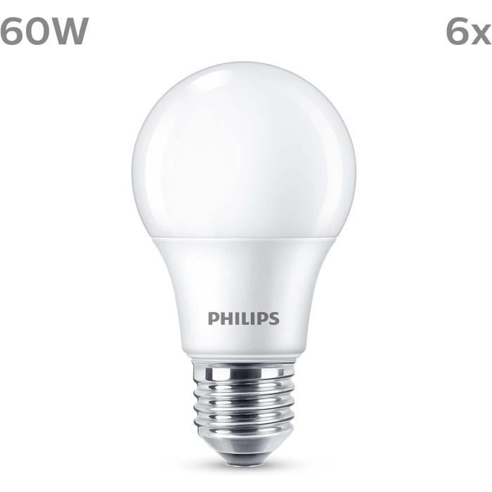 Pack de 6 ampoules LED - PHILIPS - E27 - 60W - Blanc chaud