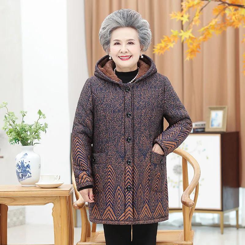 Plus Velvet Thick Cotton Jacket for Elderly Winter Women's Mid-Length Jacket Cotton Lined Corduroy Hooded Warm Quilted Jacket