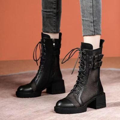 Модная сетчатая дышащая женская летняя новинка 2025 года, модные ботильоны с открытым носком и средней высотой голенища, кружевные ажурные сетчатые ботинки