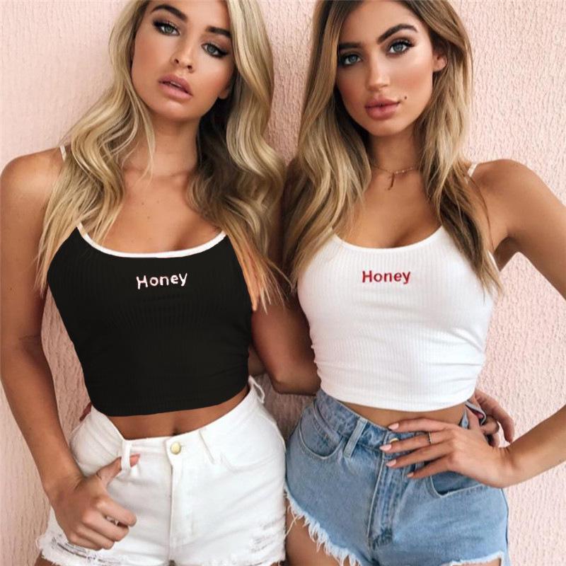 Сексуальная майка с вышивкой надписи «Honey», женский топ-ками с открытым животом и открытой спиной, укороченный топ без рукавов, жилет, топ-труба