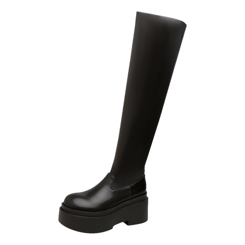 Мода Зимние женские сапоги в стиле панк до колена Модные плиссированные длинные сапоги без застежек Дизайнерские толстые каблуки Botas De Mujer