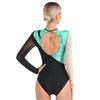 Womens Gymnastics Leotard Metallic Contrast Color Patchwork Sheer Mesh Long Sleeve Cutout Back Rhinestones Dancewear