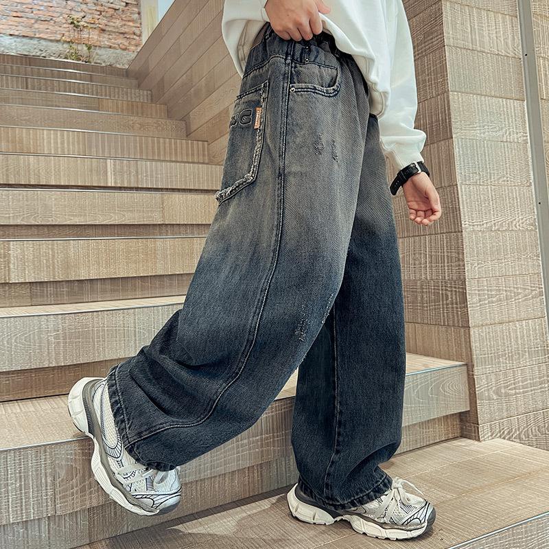 Джинсы для подростков и мальчиков, детские широкие джинсовые брюки для детей, свободные карманы, брюки весна-осень