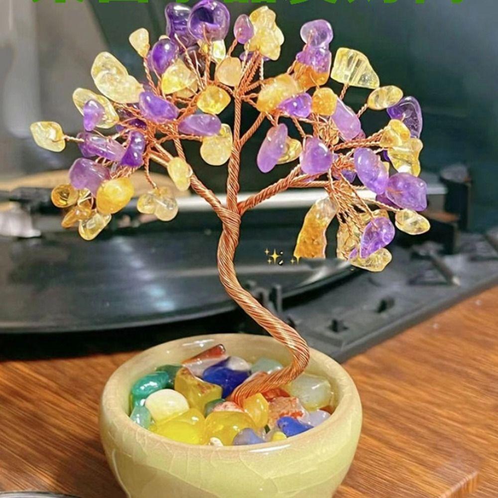 Керамическая основа Дерево из натуральных кристаллов Позитивная энергия Удача Фигурка Дерево богатства из драгоценных камней Дом