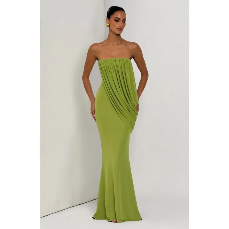 Womens 2026 Fashion Dress Asymmetrical Strapless Mesh Pleated Gown Sexy Slim Fit Party Cocktail