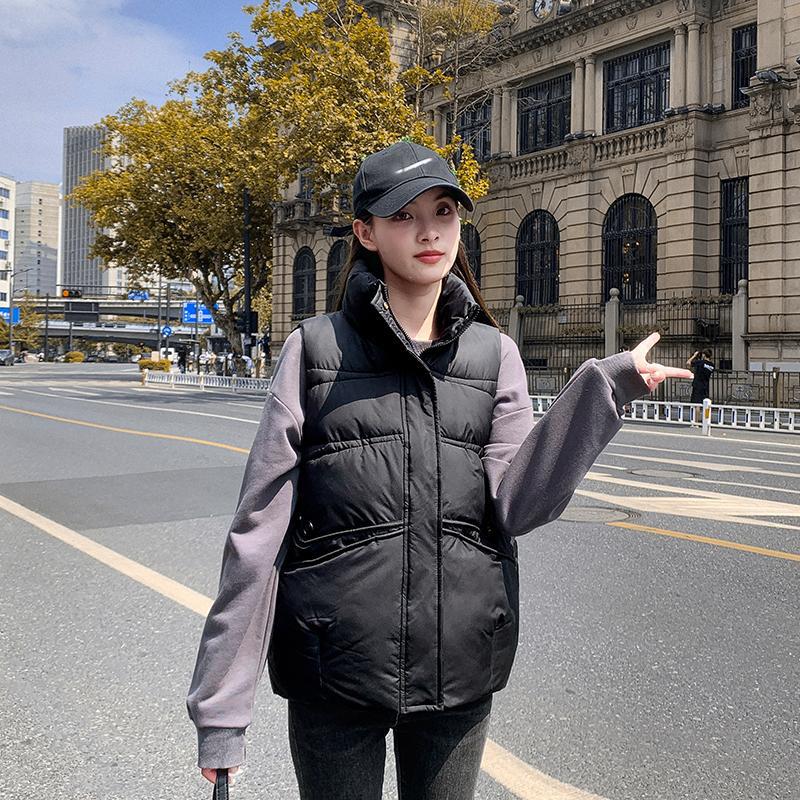 Women Autumn Winter Stand Collar Solid Color Sleeveless Big Pocket Coat Warm Short Cotton Vest
