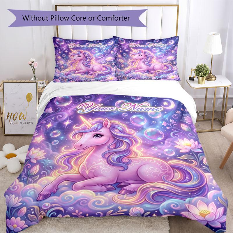 3PC Custom Name Unicorn Dreams Fantasy Art Bedding Set Duvet Cover Closure Includes 1 Duvet Cover & 2 Pillowcases for Bedroom