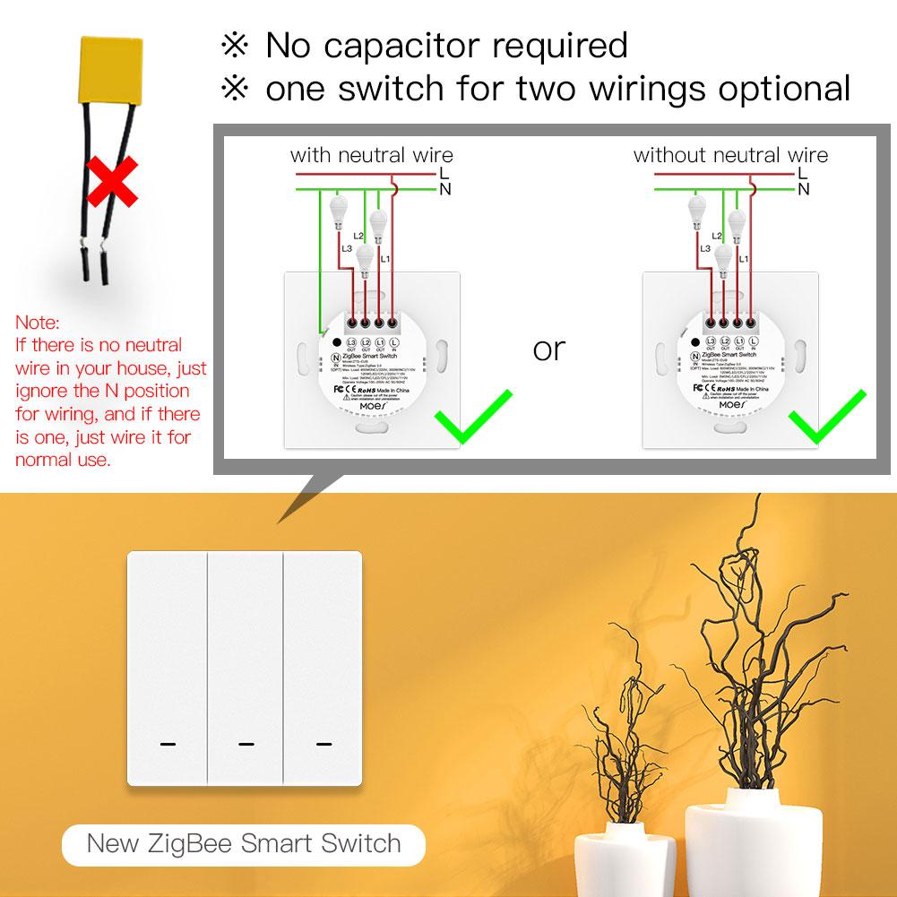 MOES NO Neutral No Capacitor Zigbee 3.0 Wireless Wall Push Button Smart Light Switch Tuya EU UK Standard 1/2/3 Gang