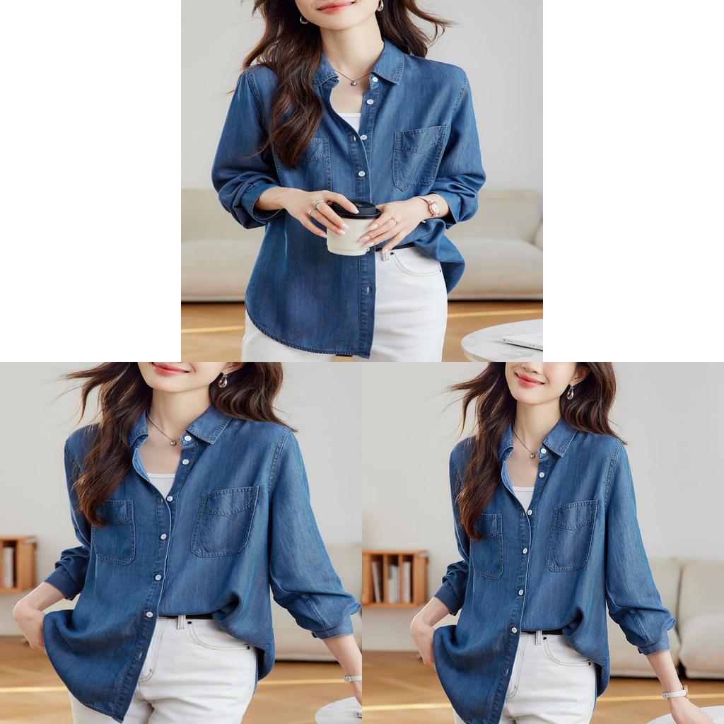 Tencel Denim Blue Shirt For Women Long Sleeve Casual Office Wear With Wrinklefree Technology