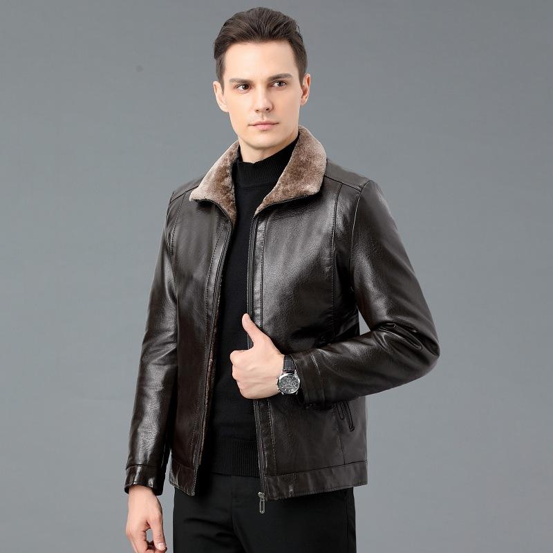 Куртка из натуральной кожи мужская зимняя деловая повседневная для пап среднего возраста с утолщенными бархатными лацканами