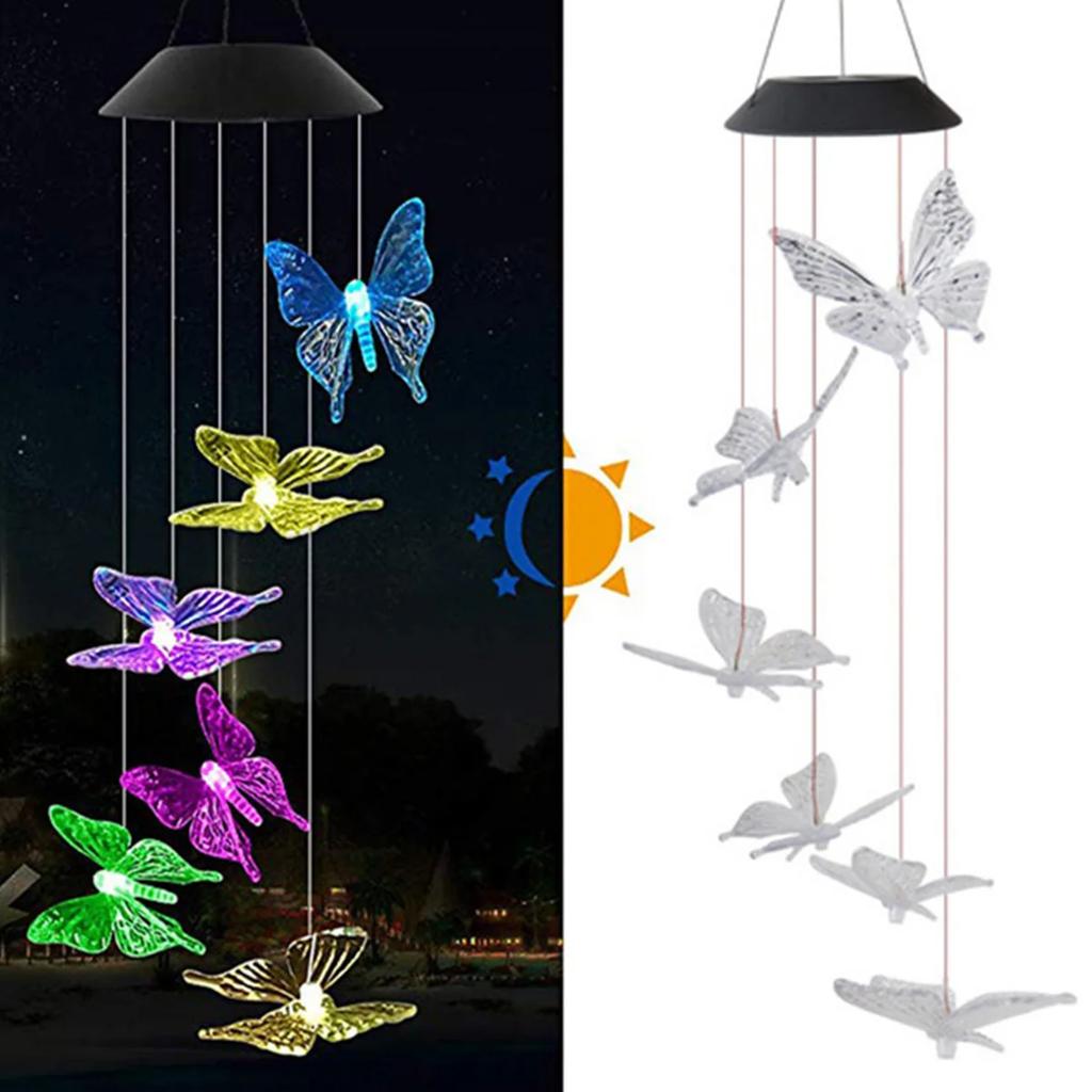 Butterfly Solar Wind Chime Light Multicolor Light Waterproof Chandelier with Bell for Garden Home Yard Lawn Decoration