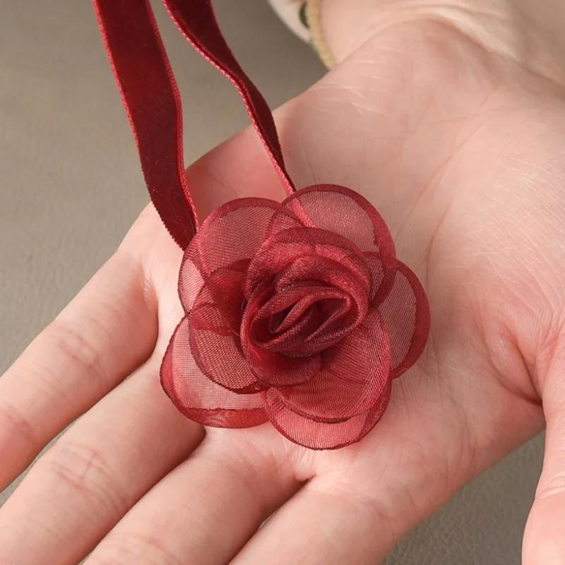 Lady Elegant Mesh Flower Necklace Women Comfortable Red Black Neck Ornaments Girls Lightweight Rose Necklace Party Gift Giving