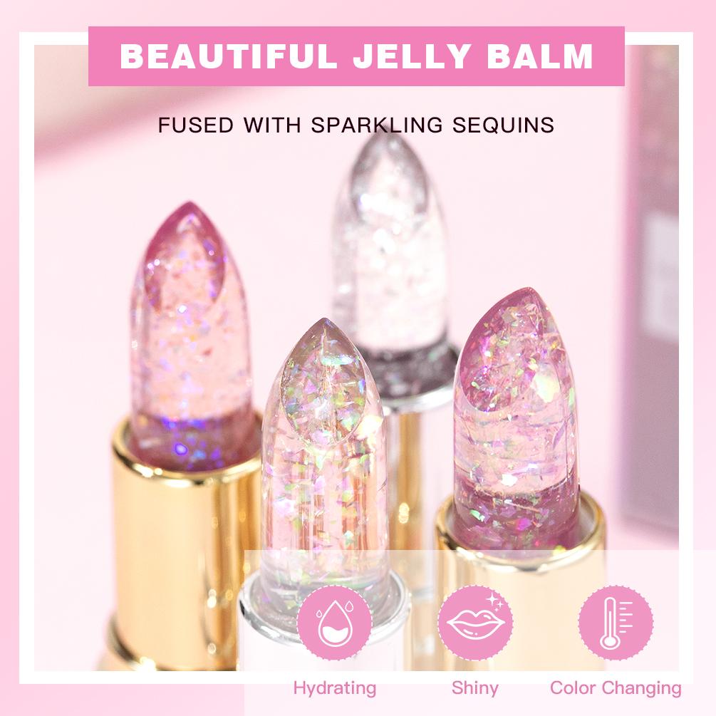 QIBEST Glitter Lipstick Lip Balm Change Transparent Moisturizing Crystal Jelly Pearlescent Lip Plumper Gloss Tint Cosmetic