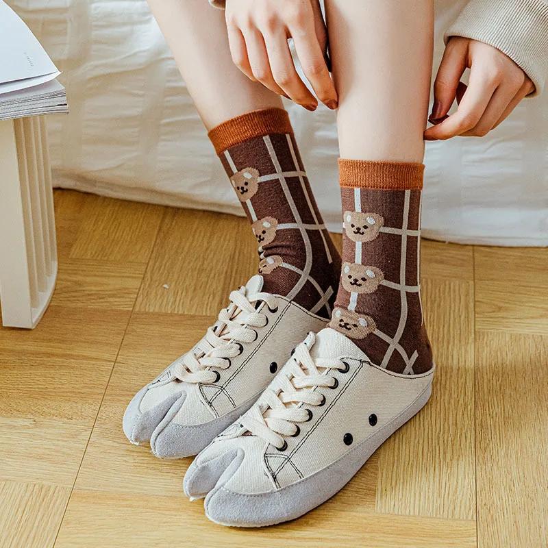 2 Pairs Five Finger Women Animals Cartoon Print Japanese Cute Socks Casual Plaid Floral Vintage Female Sock