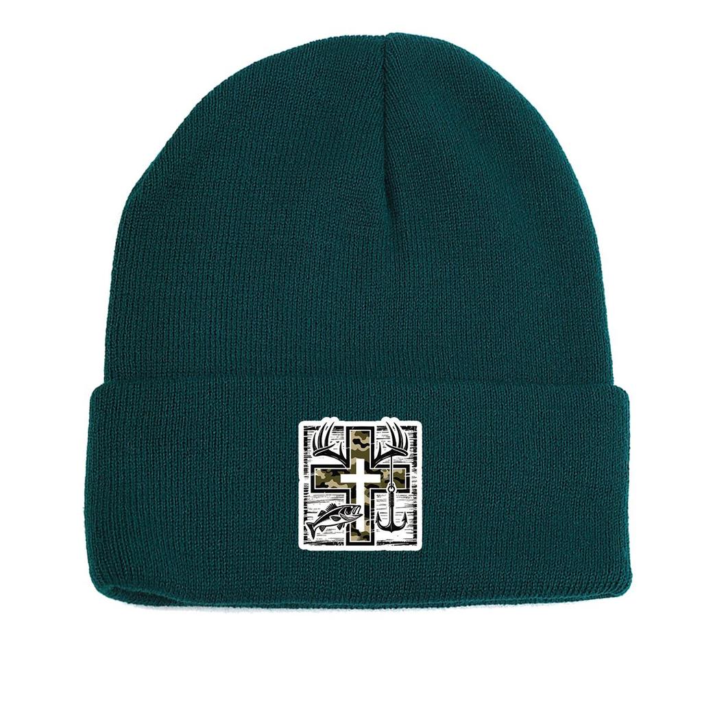 Crucifix Staghorn Fish Anchor Print Knitted Hat Beanie, Man Cap Warm Cozy Stylish Bonnet Knitted Cap Beanie