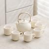 Modern Chinese Tea Set, 600ml Ceramic Beam Teapot with Stainless Steel Infuser and 6 Cups, Bamboo Handle Matte Teapots Hot Tea for Home Party