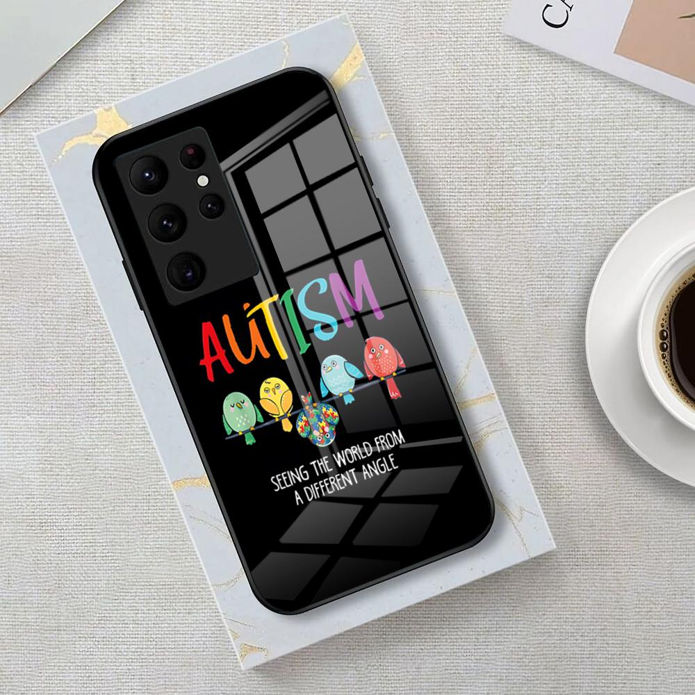 Autism Support Puzzle Phone Case For Samsung S26 S25 Edge Ultra 23 22 21 20 Ultra Plus S24 Fe Glass Cover