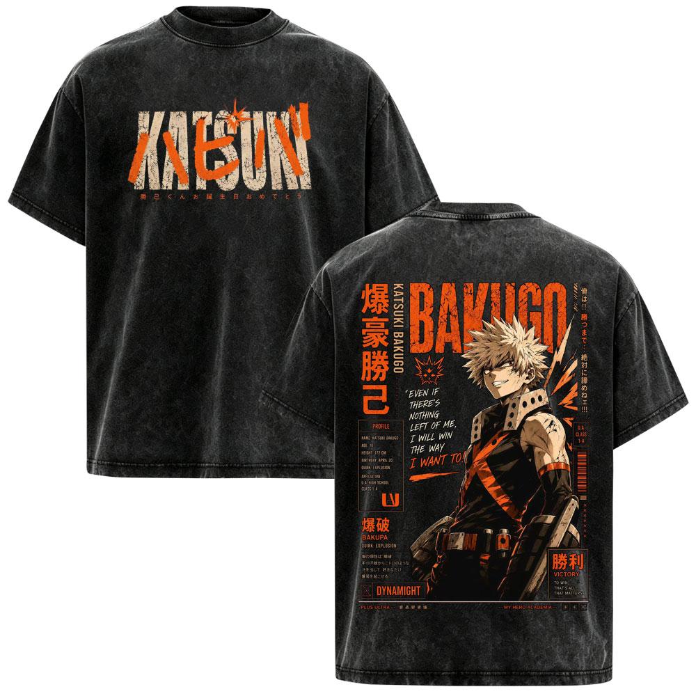 Anime My Hero Academia Katsuki Bakugo Vintage Washed T-shirts Men Women Clothing Fashion Casual Oversized Short Sleeve T Shirts
