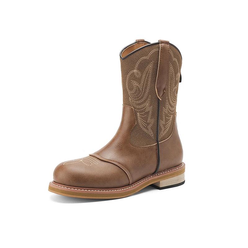 Модные осенние новые коричневые ботильоны женские туфли с круглым носком до середины голени современные ботинки хит продаж кожаные женские ботинки с принтом на молнии сзади