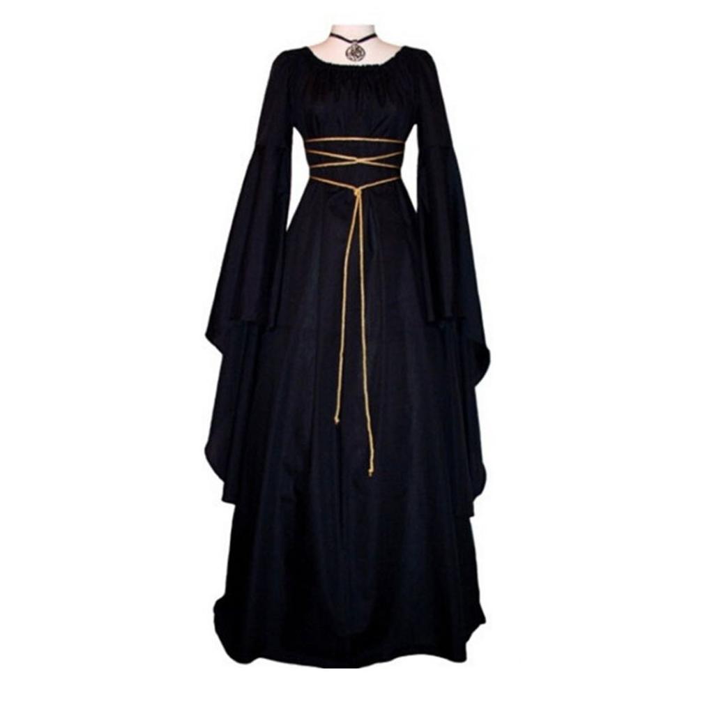 Women Vintage Costumes Sexy Long Sleeve Lace-Up Medieval Gothic Floor Length Dresses Cosplay Retro Long Maxi Dress