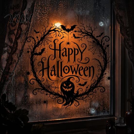 Dark Theme Party Decor Halloween Static Window Clings, Spider Web Pumpkin Happy Glass Translucent Festive Ornaments Decor, Adhesive-Free Clings Decals