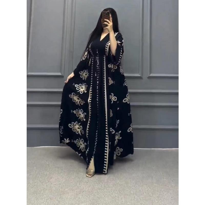 Женское осеннее платье свободного кроя с V-образным вырезом и длинными рукавами