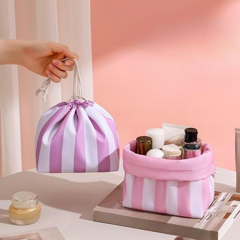 Large Capacity Cute Makeup Bag with Drawstring - Large Striped travel toiletry bag Cosmetic Wash Storage Bag for Women