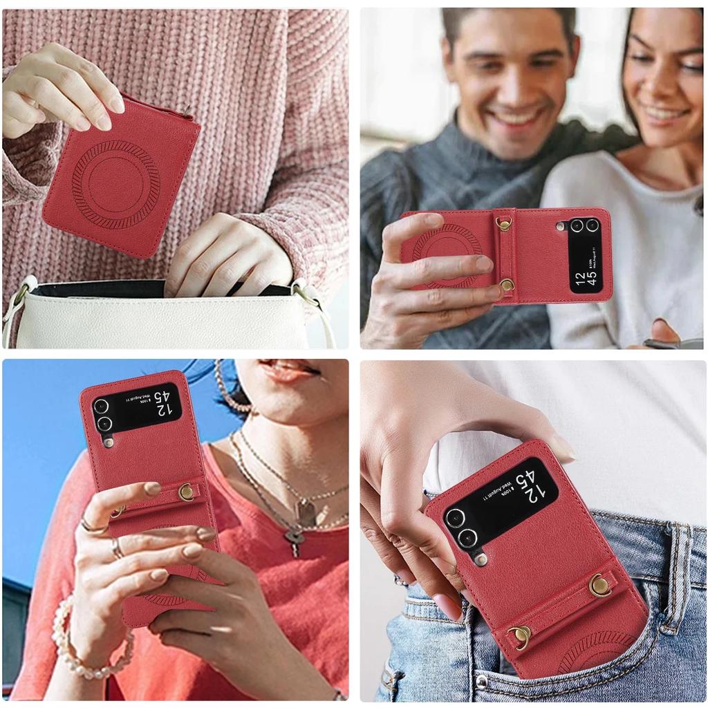 Наплечный чехол из магнитной кожи с беспроводной зарядкой для Samsung Galaxy Z Flip 6 5 4 3 Flip5, с длинным ремешком-шнурком, для чехла Magsafe
