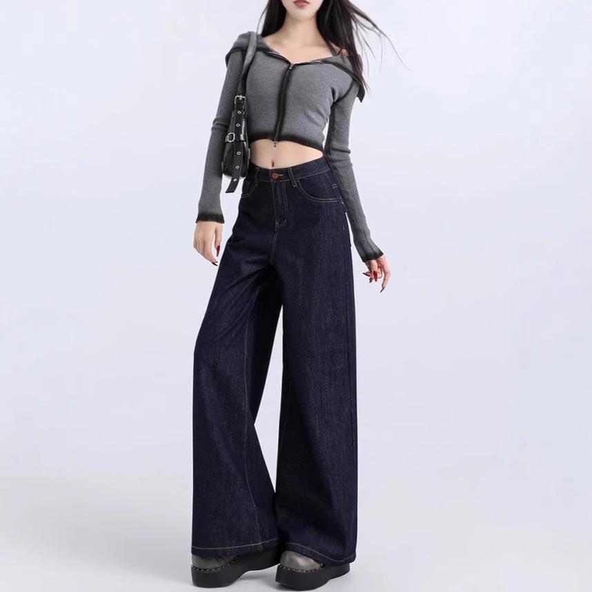 Женские ретро джинсы широкие от бедра с высокой посадкой темно-синие 2025 - Весенняя коллекция, Свободный крой, Расслабленный стиль, Прямые брюки