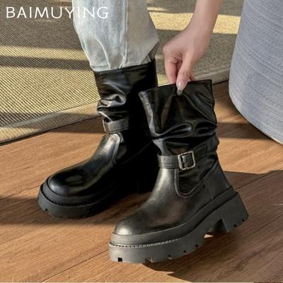 Платформа Женские Массивные Ботильоны Мода Средний Каблук Кожаная Обувь Новый Бренд 2025 Тренд Зима Готика Мотоциклетные Боты Женские