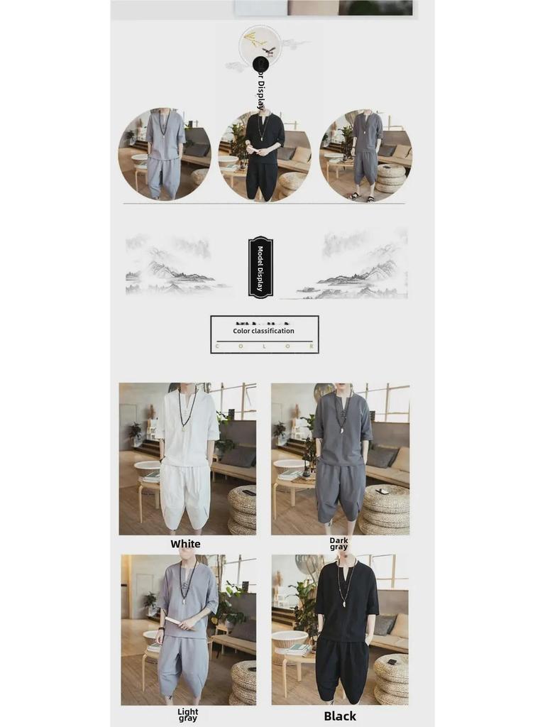 Men's Linen Cotton T-Shirt and Shorts Set - Large, Loose Fit, Short-Sleeved, Casual Summer Wear