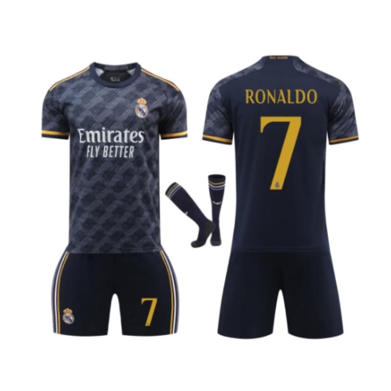 Real Madrid Ronaldo Kids Soccer Jersey Set, Black, Polyester Football Kit for Youth Training and Match