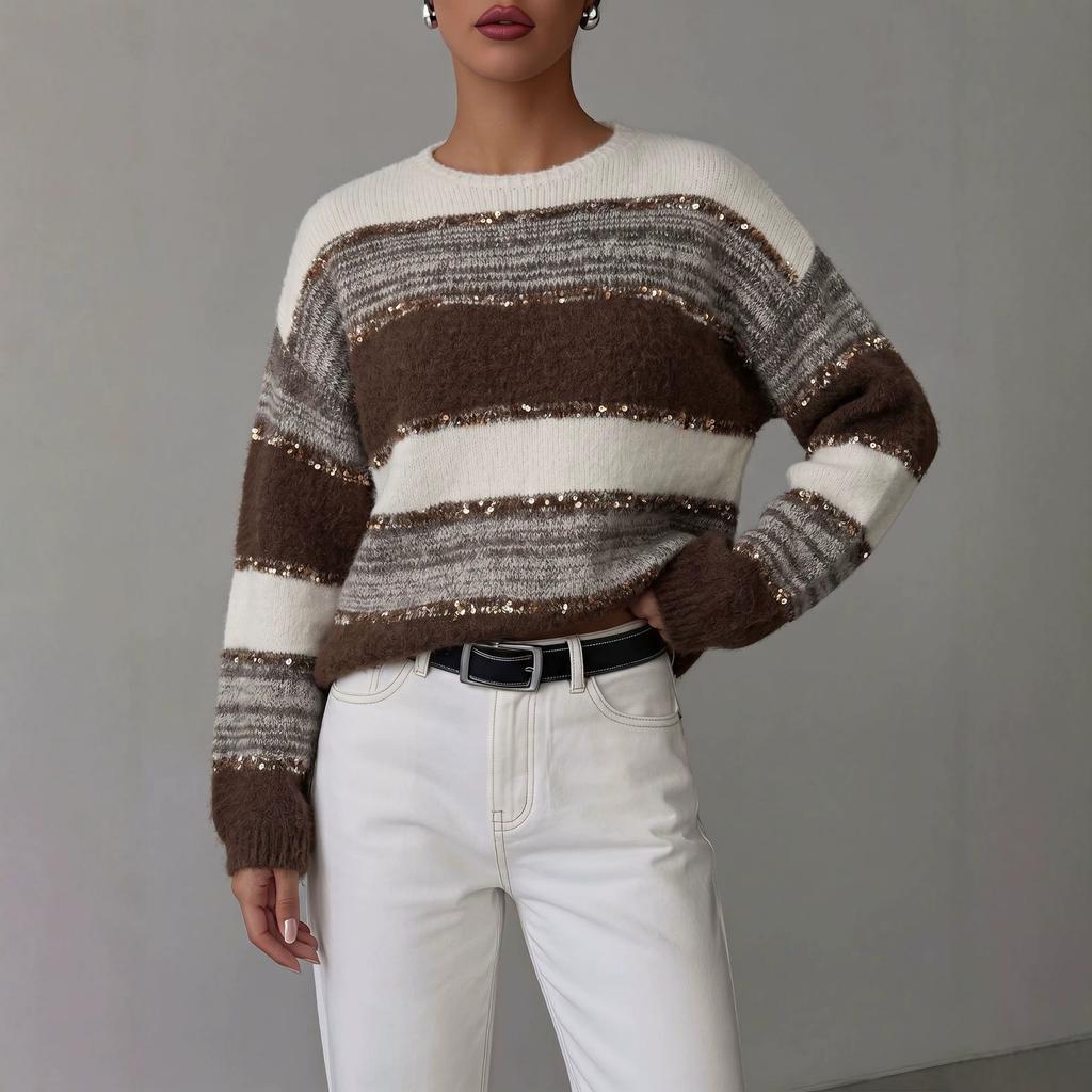 Pullover sweater women's autumn and winter contrasting colors striped soft waxy round neck mohair loose knitted top