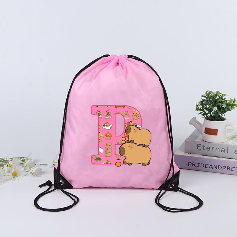 Capybara Drawstring Drawstring Backpack Cartoon Capibara Letter A-Z Print Tote Bag Kawaii Portable Large Capacity Storage Bags