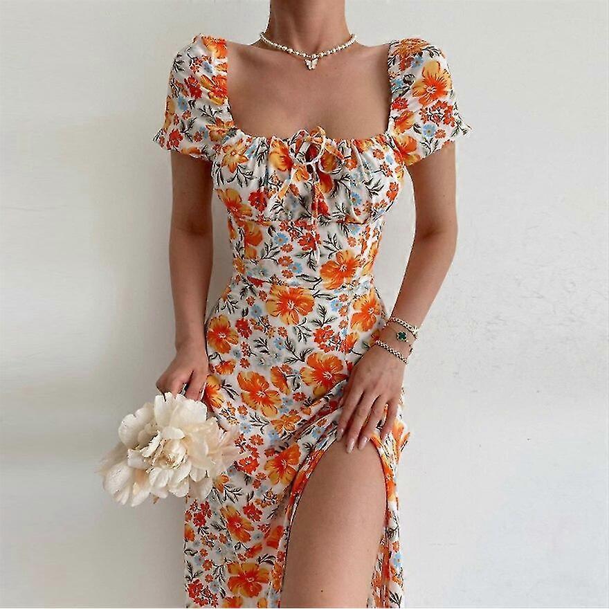 Elegant Sweet Floral Print Dress For Women Summer Dresses Strapless Short Puff Sleeve Slim Hem Slit Maxi Dress