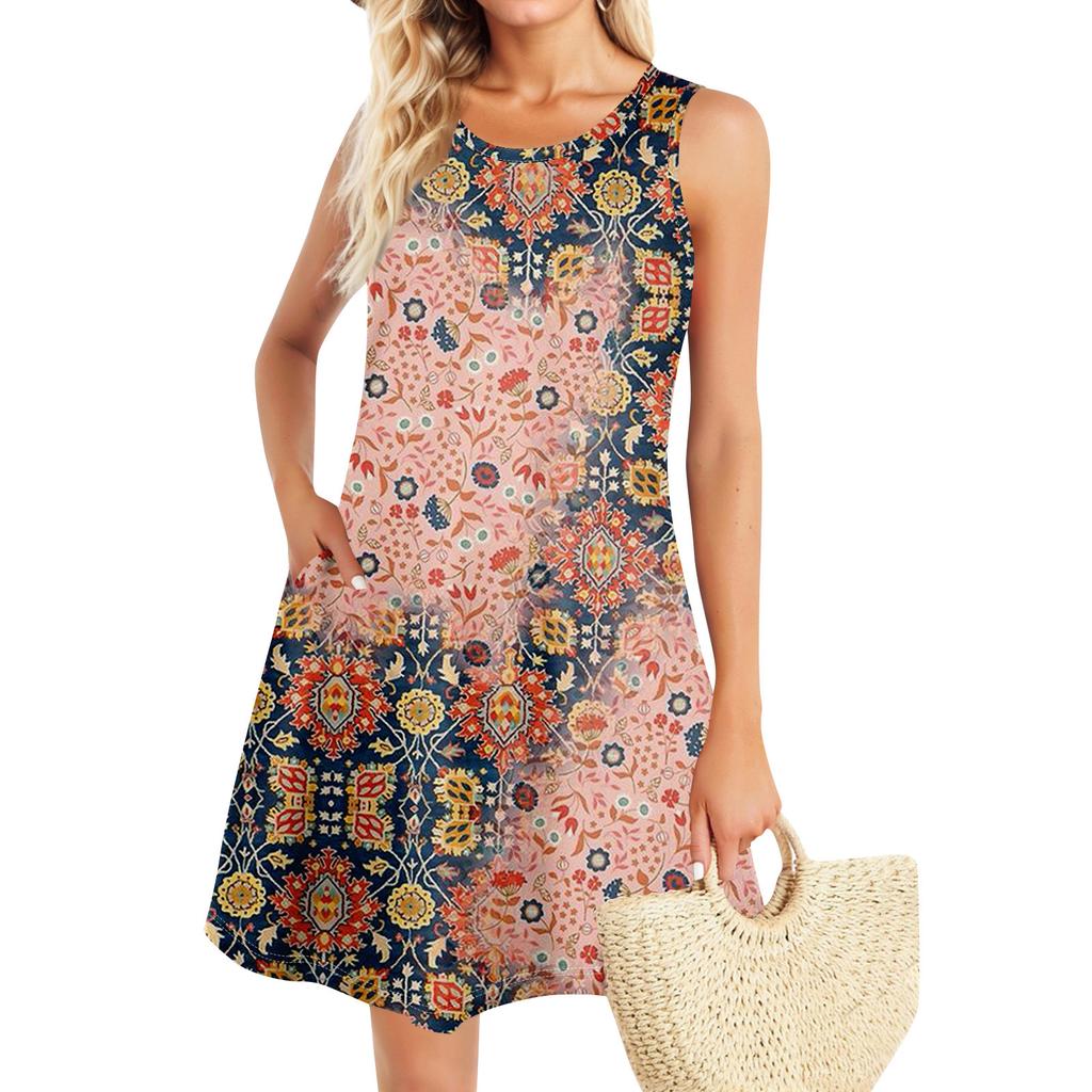 Summer Dresses For Women Beach Boho Sleeveless Vintage Printing Flowy Pocket Tshirt Tank Sundresses