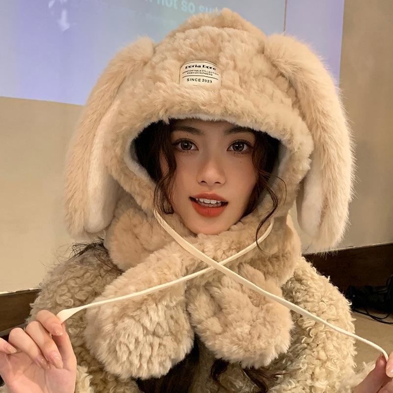 Милая и модная плюшевая шапка с длинными кроличьими ушами в корейском стиле для женщин, теплая и универсальная, подчеркивающая лицо, с защитой ушей и шеи