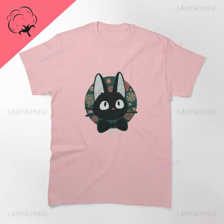 Cute Black Cat Jiji Japanese Floral Circle Graphic Tshirt Anime Kiki Design Unisex Casual Short Sleeve Kawaii Streetwear Tee