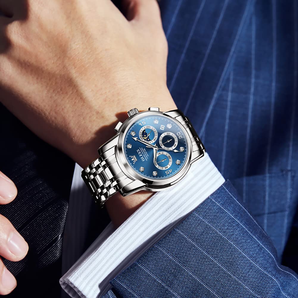 OLVES Синие часы Дата Наручные часы Водонепроницаемые Стильные популярные часы Серебряные деловые стильные часы Аналоговые кварцевые часы Металлический ремешок Модные часы Повседневные