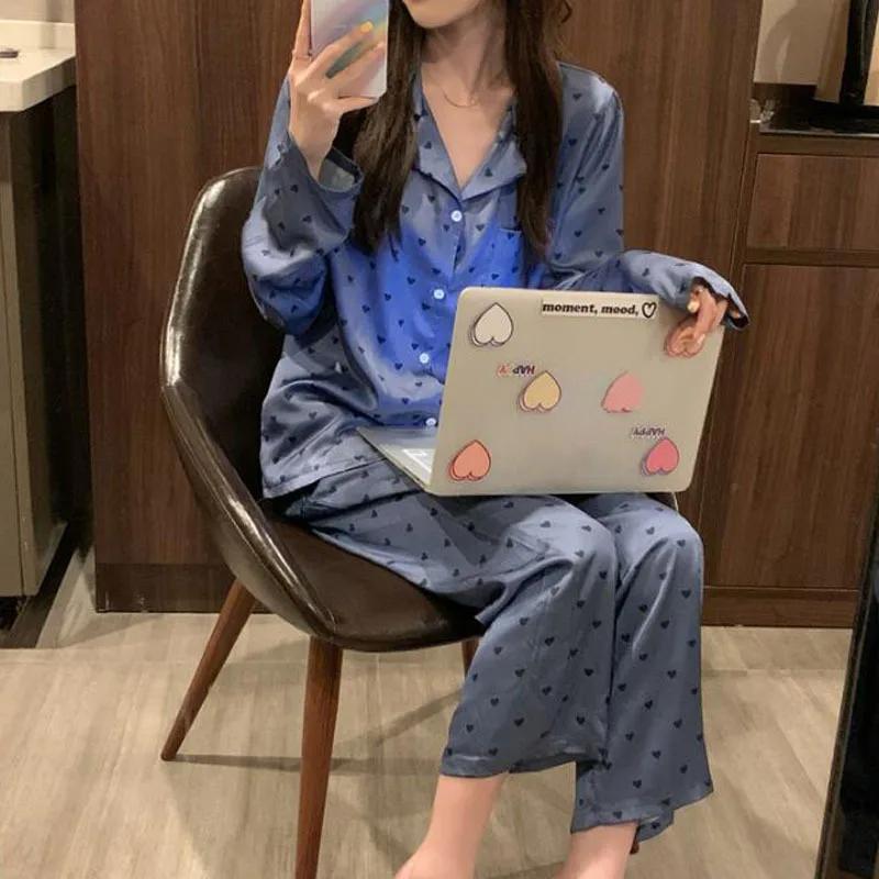 Новые женские пижамы Sweet Love Пижамы с длинными рукавами Весна и Осень Лето Женская домашняя одежда Пижамы Ice Silk Домашняя одежда