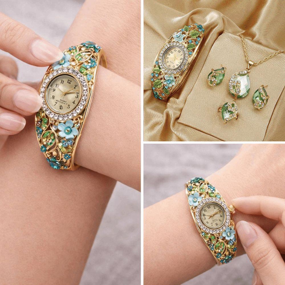 Retro Flower Butterfly Watch Quartz Movement Floral Watch Set Evening Party