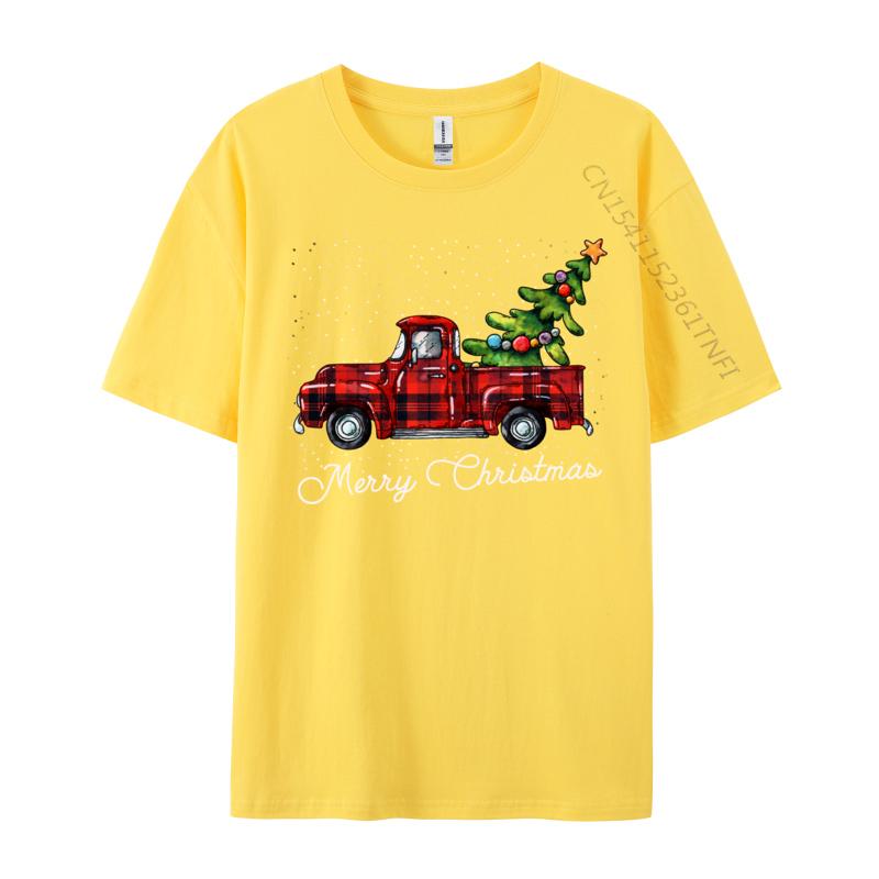 Crafty Merry Christmas Tree On Red Plaid Pickup T-Shirt Men Round-Neck Camisas Casual Tshirt Soft Cotton Fit Tee
