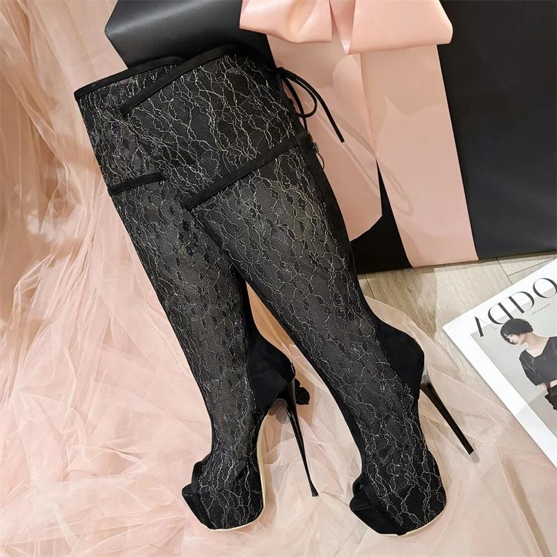 Eilyken Sexy Peep Toe Breathable Mesh Knee-High Boots Women Platform Ladies Shoes Elegant Stiletto Heels Sandals Booties