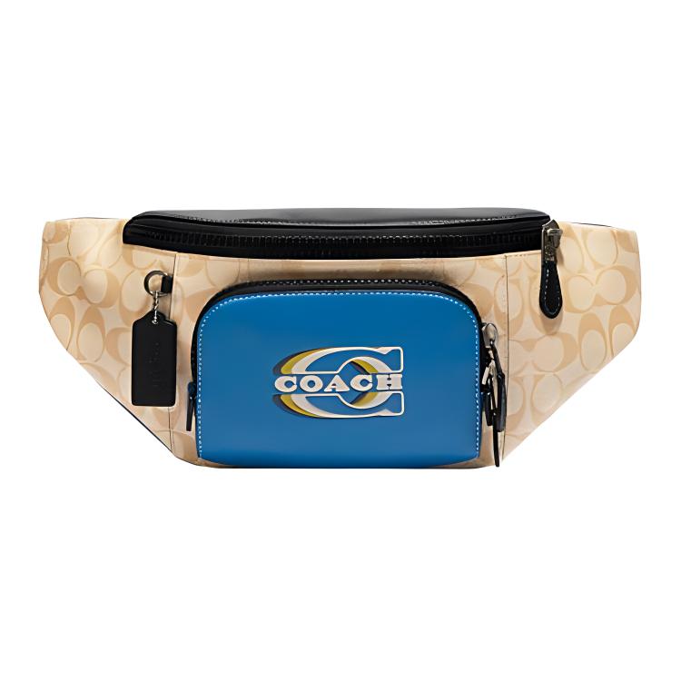 New COACH Track Cow Leather One Shoulder Crossbody Fanny Pack Men's Blue & Beige CH587-QBVFG