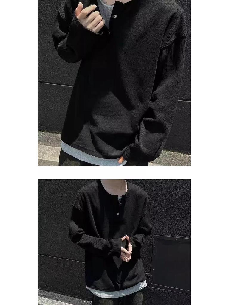 Мужская осенняя футболка в корейском стиле облегающего кроя с длинным рукавом и застежкой хенли