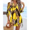 Women's Casual Long-sleeved V-neck Printed Drawstring Short Dress On Both Sides