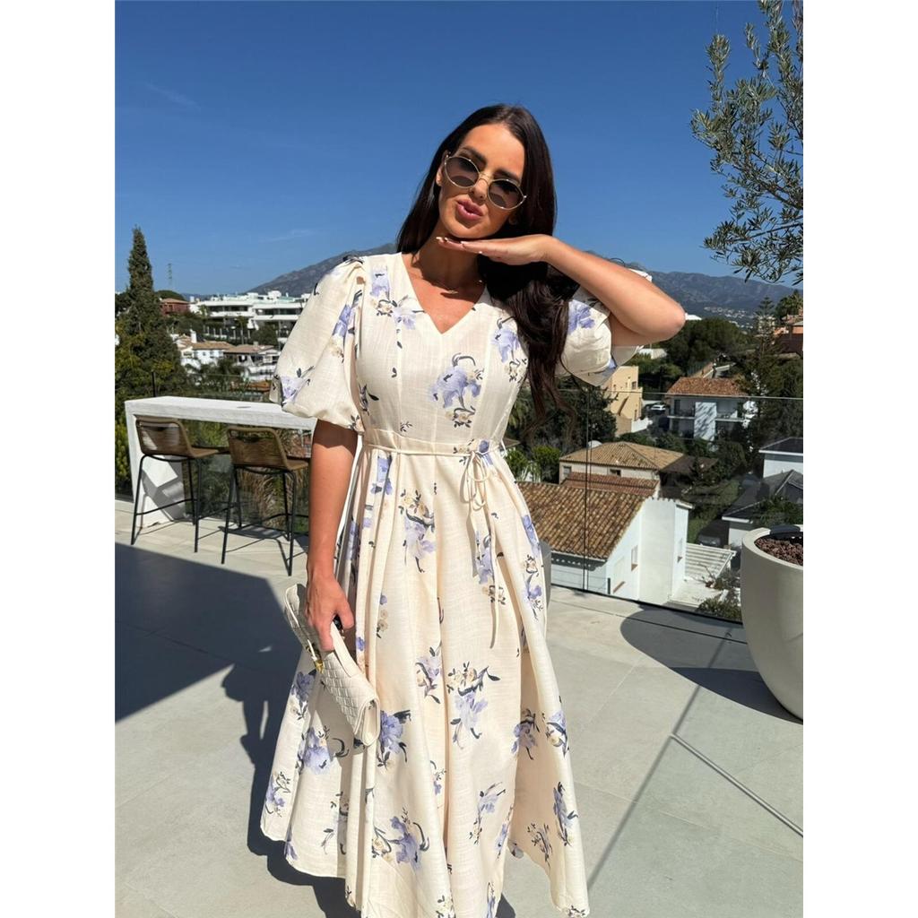 Летние новые женские платья с коротким рукавом и принтом, завязывающиеся на талии, свободные платья