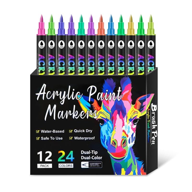 12Pieces Double Ended Acrylic Markers Acrylic Paint Pen with Brush Tip for Painting On Paper Wood Glass Ceramic Canvas
