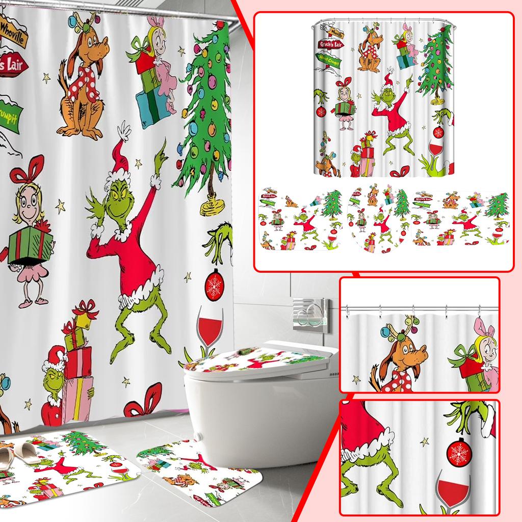 Аниме Персонаж Периферия Принт Занавеска для душа Коврик для пола Набор из четырех предметов, Домашняя ванная комната Сухое и влажное разделение Перегородка Занавеска для душа Занавеска для душа