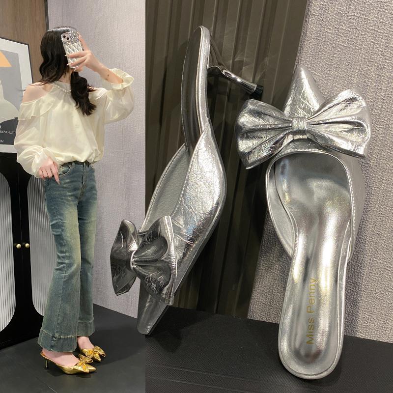 Bow Silver Autumn New Water Diamond Pointed Toe Bridal Style High Heels Women's Thin Heels Party Shoes